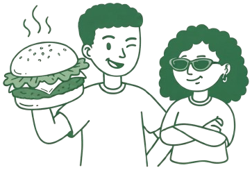 Los dos amigos de Skinny Chini sosteniendo una hamburguesa